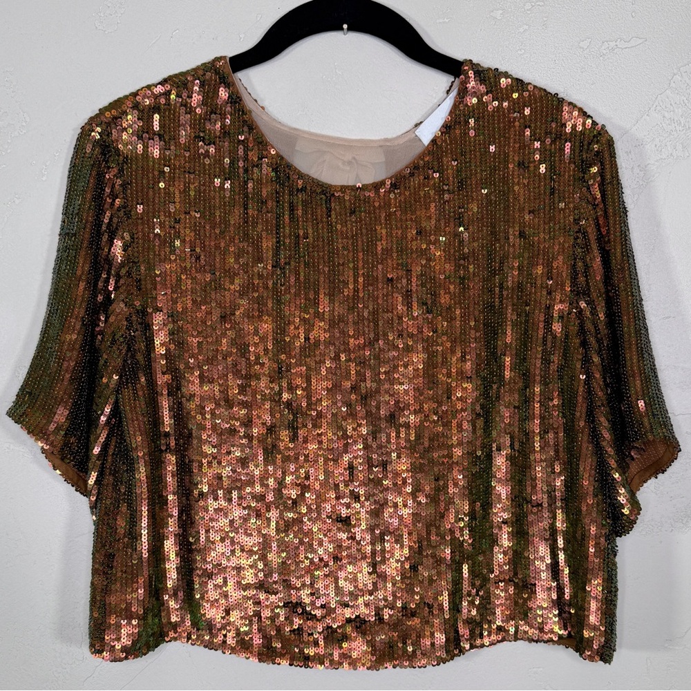 3.1 Phillip Lim Silk Copper Sequin Embellished Short Sleeve Cropped Tee